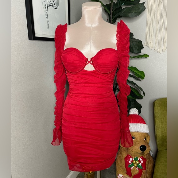 NWT Oh Polly True For You Ruched Mesh Cutout Mini Dress - Picture 3 of 11